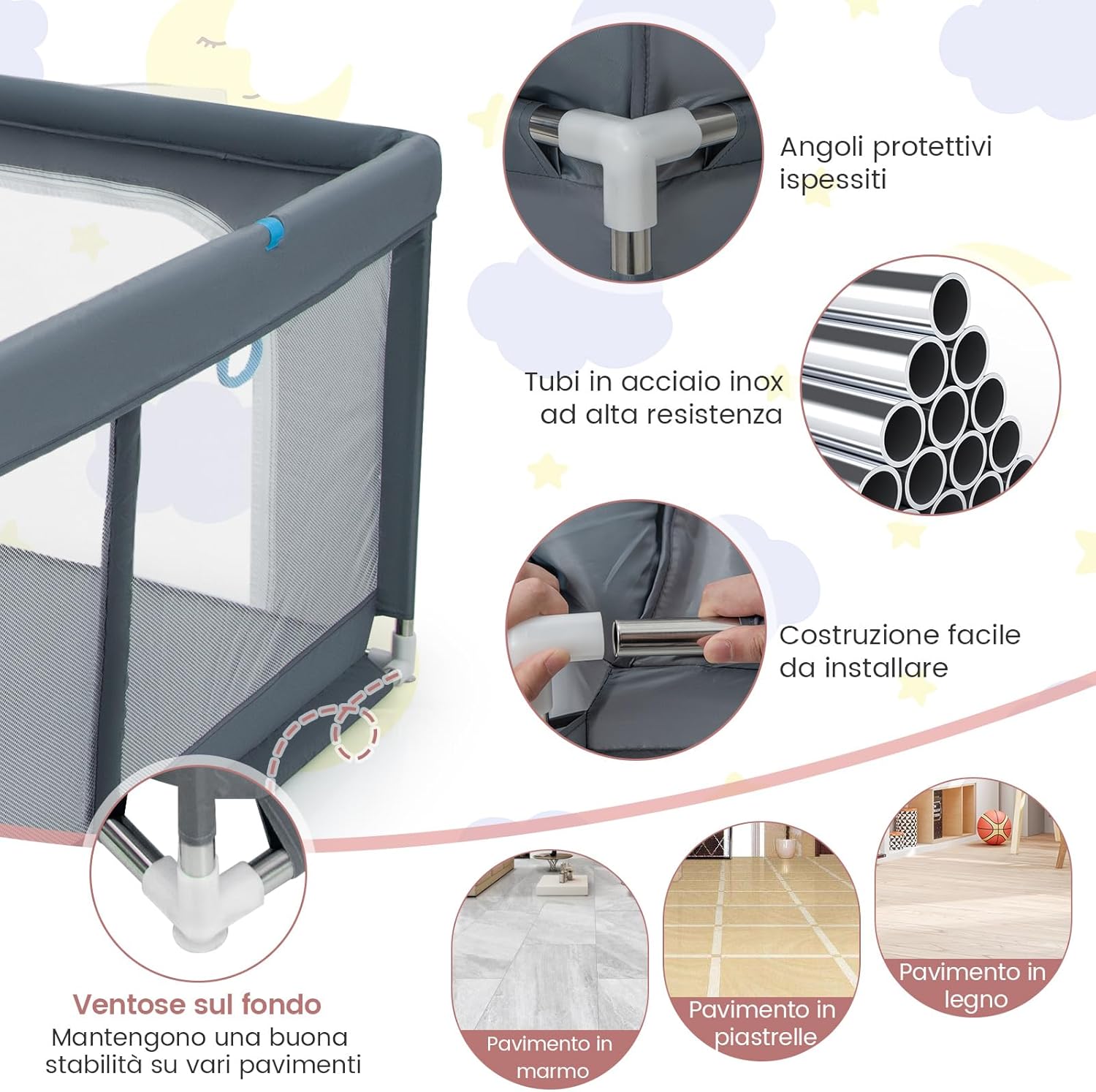 Recinto per Bambini, Box per Bambini con Rete Traspirante, Centro Attività per Bambini con 50 Palline, Box Giochi per Bambini 0-3 Anni (Grigio, 200 x 180 cm)