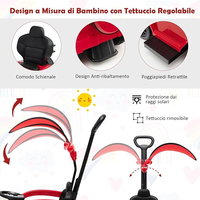 Auto a Spinta per Bambini, Macchina Cavalcabile a Spinta con Tettuccio Regolabile Maniglia per Genitori Paracolpi, Ideale per Bambini 12-36 Mesi (Rosso)