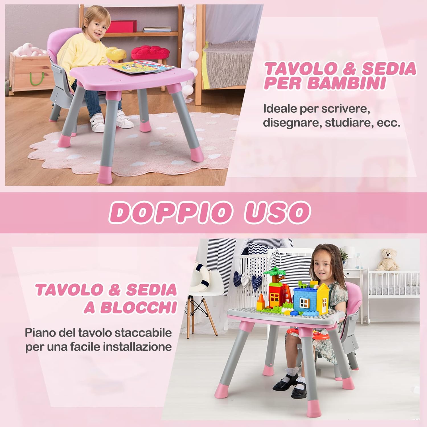 Seggiolone Pappa per Bambini 6 in 1, Seggiolone per Neonati Convertibile, Tavolo per Costruzioni per Bambini, con Imbracatura a 5 Punti, per Bambini da 6 Mesi fino 3 Anni (Rosa)