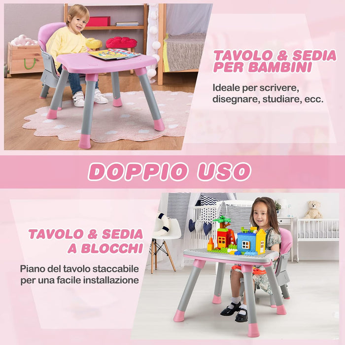 Seggiolone Pappa per Bambini 6 in 1, Seggiolone per Neonati Convertibile, Tavolo per Costruzioni per Bambini, con Imbracatura a 5 Punti, per Bambini da 6 Mesi fino 3 Anni (Rosa)