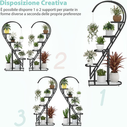 Scaffale per Piante in Metallo a 5 Livelli, Porta Piante a Forma di Cuore con Gancio, Scaffale per Fiori per Soggiorno, Camera da Letto e Balcone (Nero)