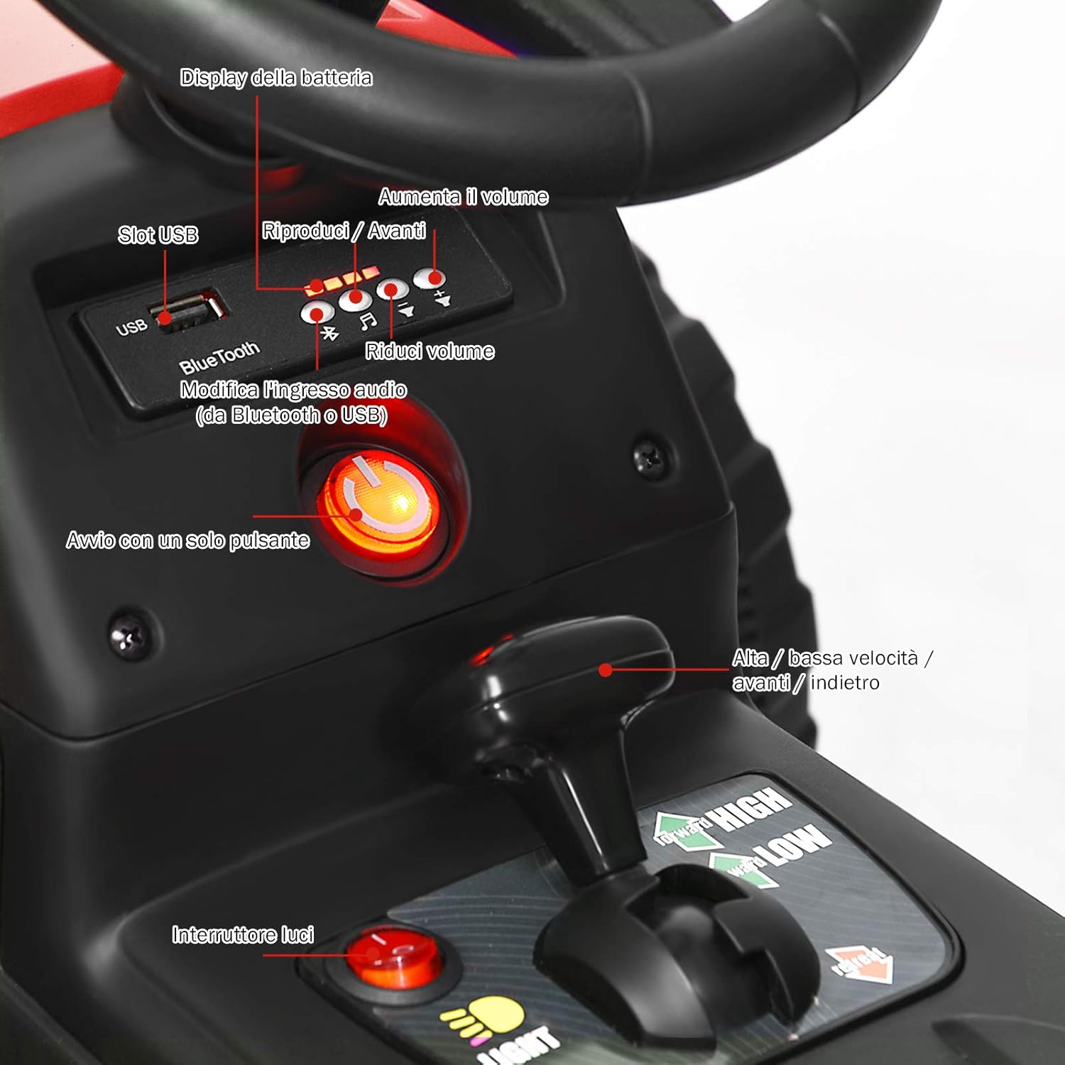 Trattore con Rimorchio Cavalcabile per Bambini 12V, Trattore Elettrico Telecomandato, con Luci e Suoni, 30kg, 3+ Anni (Rosso)