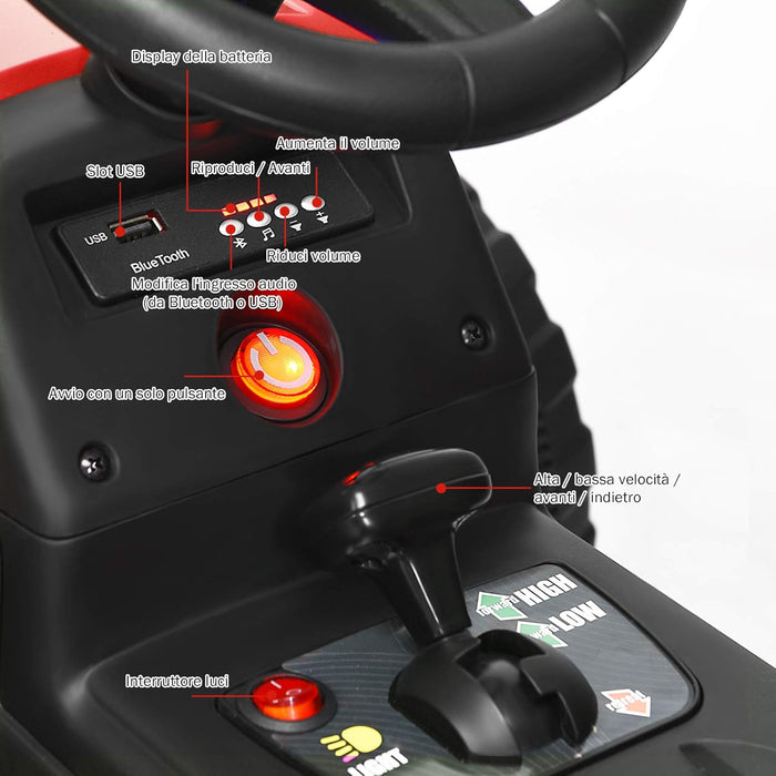 Trattore con Rimorchio Cavalcabile per Bambini 12V, Trattore Elettrico Telecomandato, con Luci e Suoni, 30kg, 3+ Anni (Rosso)