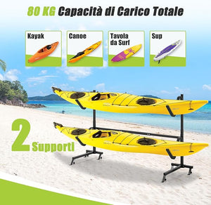 Porta-Kayak Autoportante, Rastrelliera per Kayak con Base Larga, Piedi Regolabili e Coperture Imbottite, Scaffale autoportante per Canoa per SUP e Canoe, Portata 80 kg