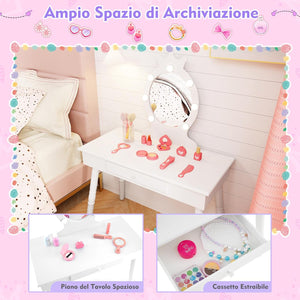 Set Toeletta Trucco per Bambina con Sgabello, Specchiera Trucco Staccabile con Luci LED a 3 Colori, Postazione Trucco Giocattolo con Cassetto e Accessori, per Bambine di 3-7 Anni (Bianco)