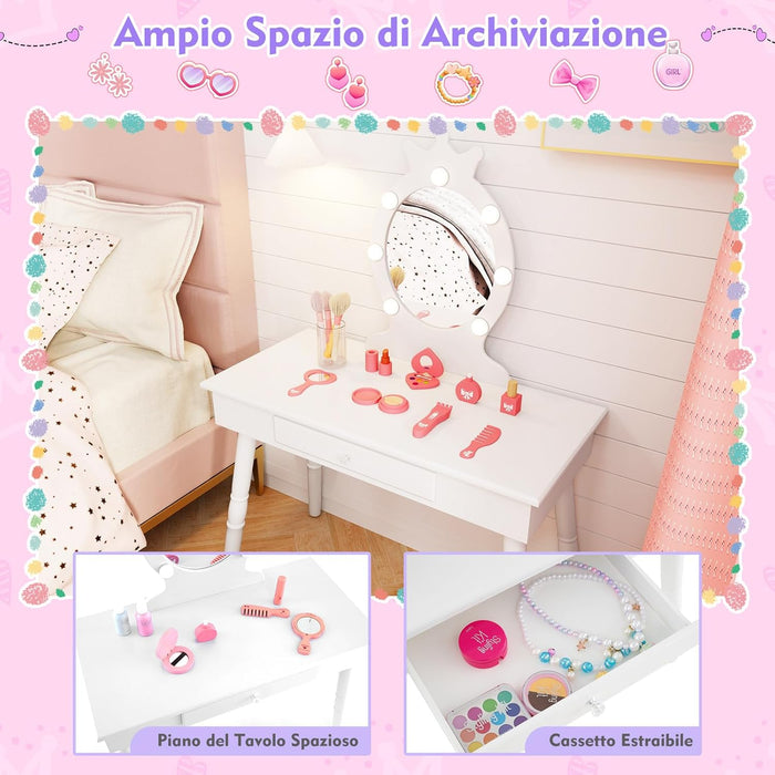 Set Toeletta Trucco per Bambina con Sgabello, Specchiera Trucco Staccabile con Luci LED a 3 Colori, Postazione Trucco Giocattolo con Cassetto e Accessori, per Bambine di 3-7 Anni (Bianco)