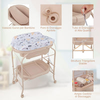 Fasciatoio con Vaschetta da Bagno per Bagnetto, Fasciatoio Pieghevole Salvaspazio con Materassino in PVC e Ruote, 0-12 Mesi fino a 11kg (Beige)