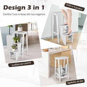 Scaletta Pieghevole, 3 in 1 Scaletta e Sgabello in Legno di Gomma Multifunzione, 3 Gradini, Reversibili Impugnatura, Capacità di Carico 310 kg, Ideale per Studio, Soggiorno (Bianco)