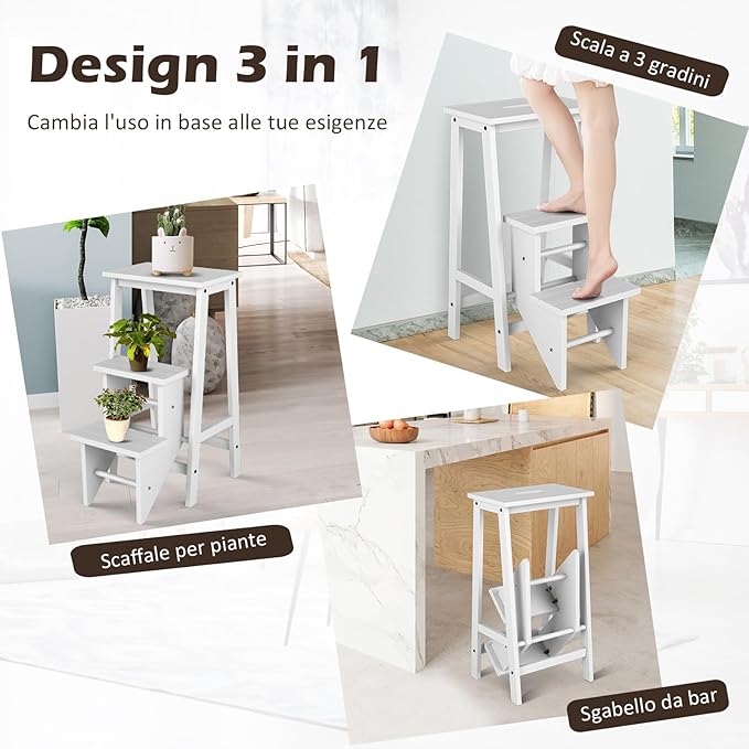 Scaletta Pieghevole, 3 in 1 Scaletta e Sgabello in Legno di Gomma Multifunzione, 3 Gradini, Reversibili Impugnatura, Capacità di Carico 310 kg, Ideale per Studio, Soggiorno (Bianco)