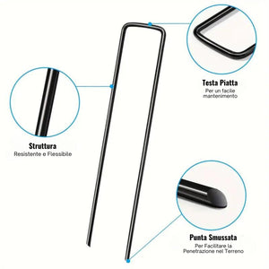Picchetti telo Pacciamatura in Acciaio FE37, 300 pz Picchetti a U ø3 mm 17x3x17 cm, Picchetti Giardino, Chiodi per Telo, Prato Sintetico