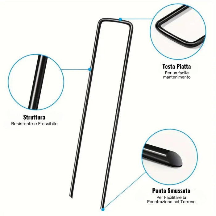 Picchetti telo Pacciamatura in Acciaio Zincato, 300 pz Picchetti a U ø3 mm 17x3x17 cm, Picchetti Giardino, Chiodi per Telo, Prato Sintetico