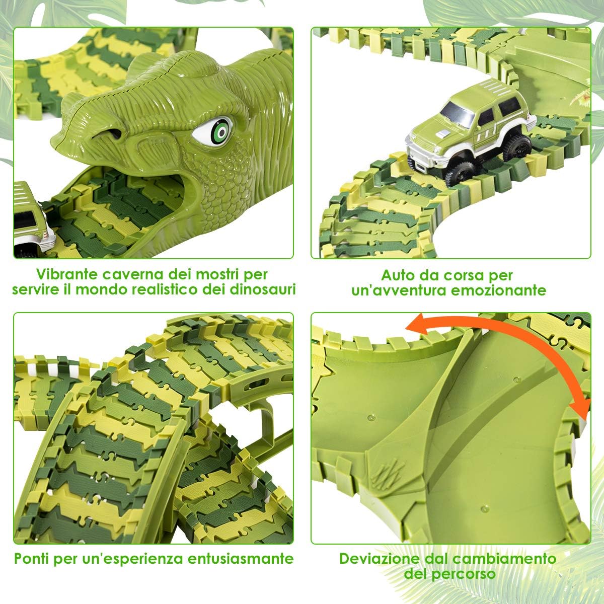 Pista con 261 Pezzi e Macchinina, Macchinina Elettrica e Dinosauri, Set con Pista per Macchinine per Bambini, Dinosauro 3+ Anni