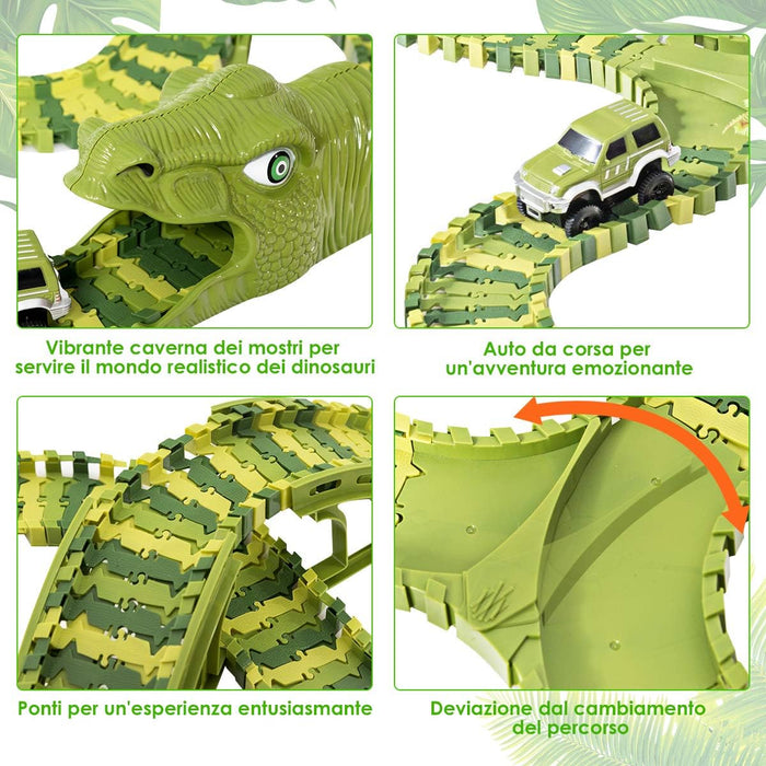 Pista con 261 Pezzi e Macchinina, Macchinina Elettrica e Dinosauri, Set con Pista per Macchinine per Bambini, Dinosauro 3+ Anni