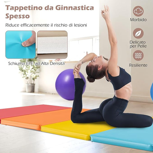Tappetino da Ginnastica Pieghevole, Tappetino Portatile e Leggero in Pelle PU con Maniglie, Tappetino per Yoga e Allenamenti per Stretching e Capriole da Casa e Palestra (201 x 75 x 3 cm)