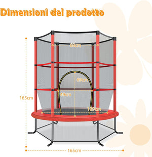 Trampolino Elastico Bambino in Acciaio, Tappeto Elastico Bambini da Esterno e da Interno, con Rete e Cusicnetti Antiscivolo（Rosso)