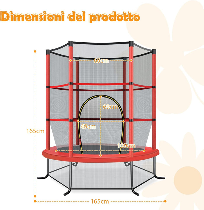 Trampolino Elastico Bambino in Acciaio, Tappeto Elastico Bambini da Esterno e da Interno, con Rete e Cusicnetti Antiscivolo（Rosso)