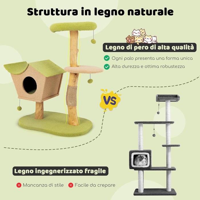 Albero per Gatti da 110 cm, Torre per Gatti in Legno con Cuccia Imbottita, Nicchia per Gatti, Tiragraffi, Piattaforma di Salto, Base Pesante e Palline Appese