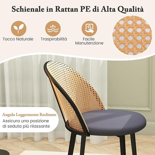 Set 2 Sedie Sala da Pranzo, Sedie da Cucina Moderno con Schienale Ergonomico in Rattan e Gambe in Metallo 57 x 53 x 78cm, Capacità di Carico 150 kg, per Soggiorno, Ristorante e Caffè, Grigio