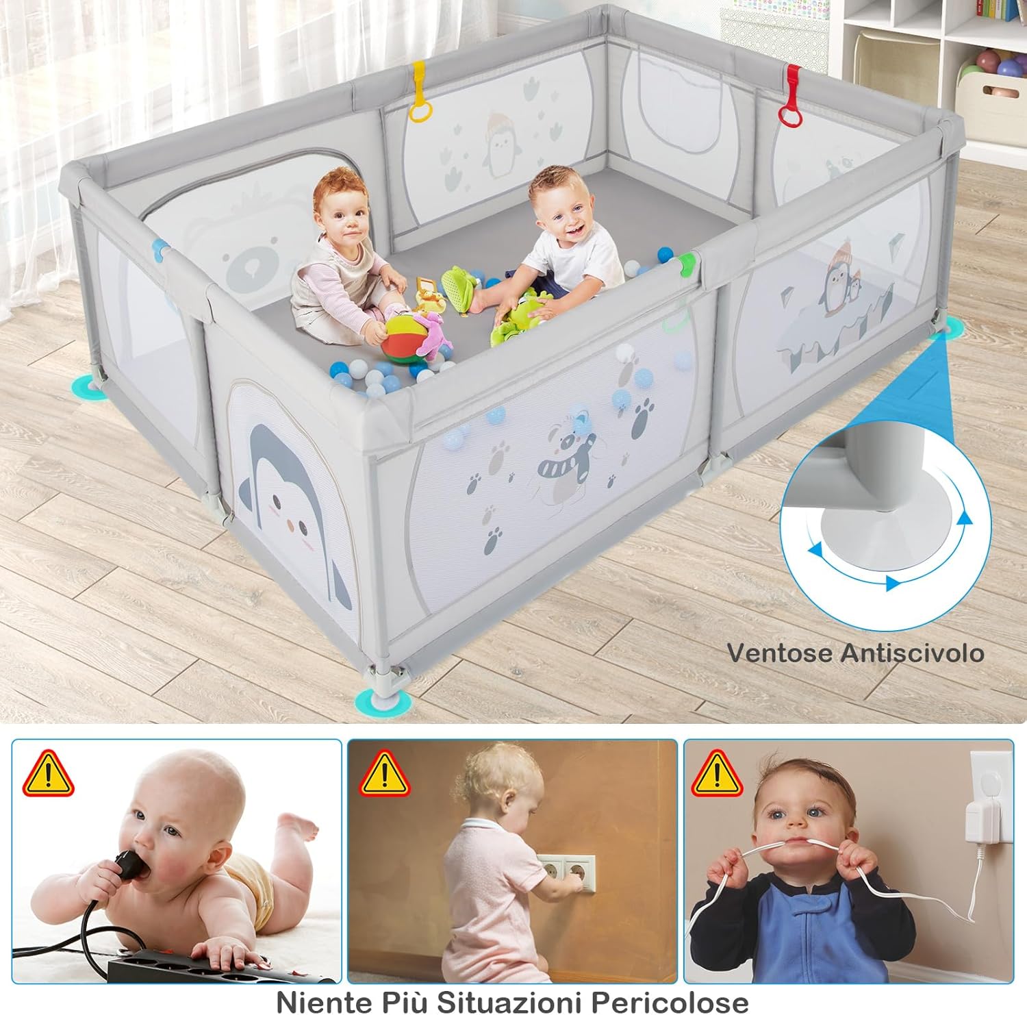 Recinto per Bambini, Box per Bambini con Rete Traspirante, Centro Attività per Bambini con 50 Palline, Box Giochi per Bambini 0-3 Anni (Pinguini, 206 x 147 cm)