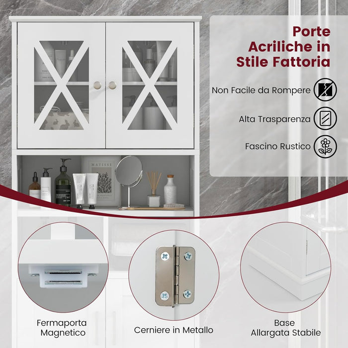 Mobile Bagno, Armadietto Salvaspazio con Porte in Acrilico, Ripiani Regolabili e Ampio Scomparto, Armadio da Terra in Legno per Soggiorno, Camera da Letto, Salotto e Cucina (Bianco)