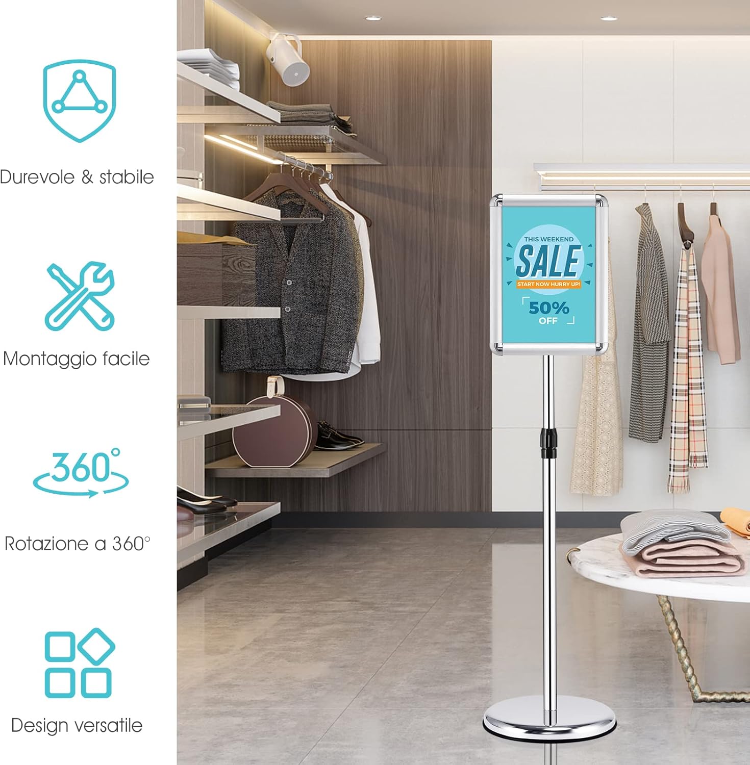 A4 / A3 Supporto Poster Espositore da Pavimento Supporto Menù Pubblicità in Metallo, Girevole e Regolabile in Altezza