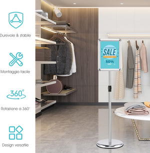 A4 / A3 Supporto Poster Espositore da Pavimento Supporto Menù Pubblicità in Metallo, Girevole e Regolabile in Altezza