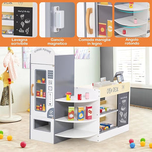 Negozio Alimentare per Bambini, Set di Giocattoli Supermercato in Legno con Cassa, Macchina POS, Distributore Automatico, Lavagna Scrivibile, per Bambini 3 - 8 Anni (Bianco)