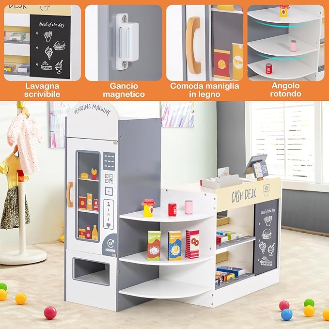 Negozio Alimentare per Bambini, Set di Giocattoli Supermercato in Legno con Cassa, Macchina POS, Distributore Automatico, Lavagna Scrivibile, per Bambini 3 - 8 Anni (Bianco)