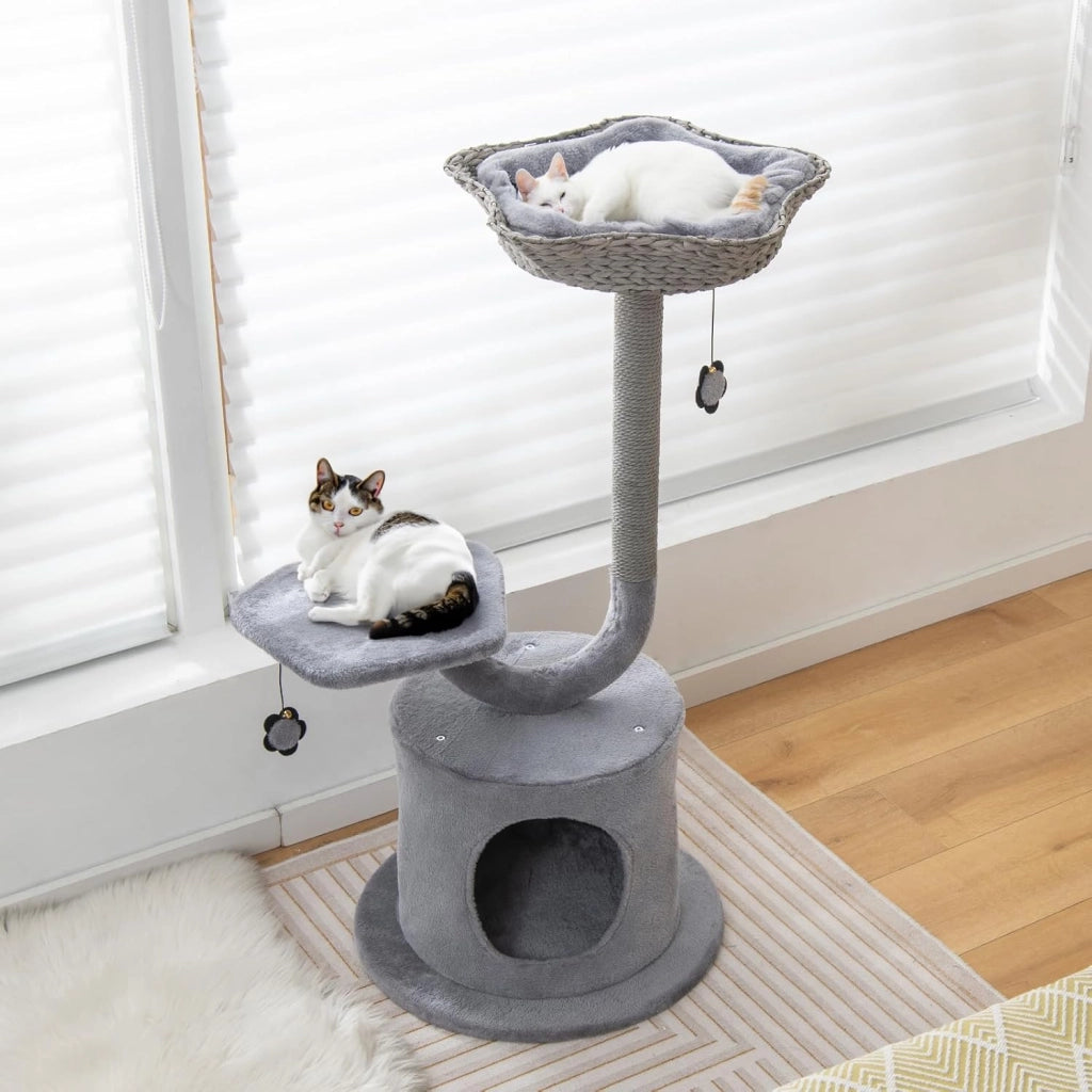 Albero per Gatti da Interno, Albero Tiragraffi per Gatti 106 cm con Telaio Curvo in Metallo, Torre per Gatti Multifunzionale a 3 Livelli con Palline