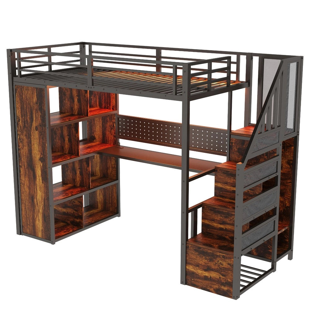 Letto a Soppalco con Armadio, Scrivania LED e Cassetti ¨C Xylo ¨C 90x200, Nero