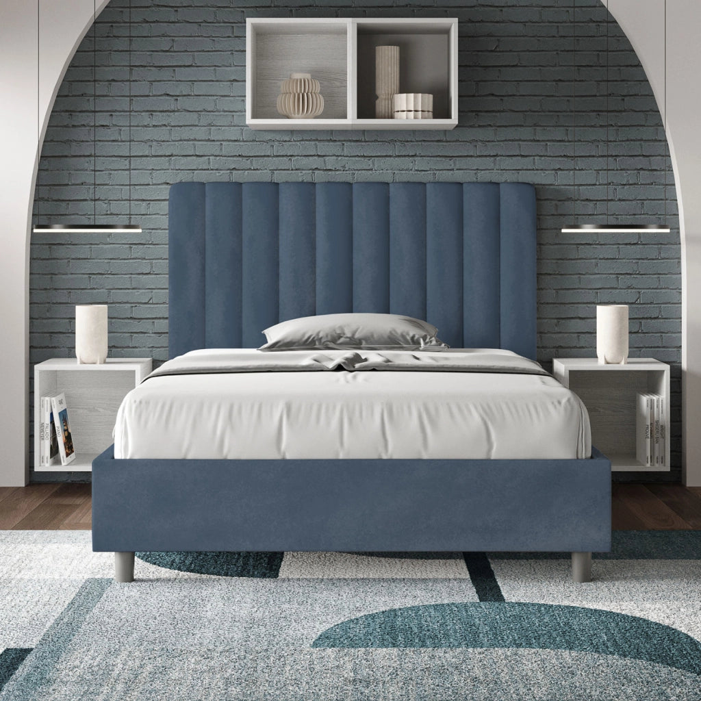 BS COM Letto una piazza e mezza con rete imbottito 120x190 microfibra blu