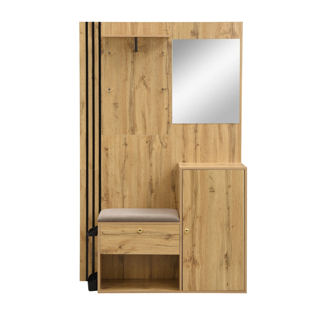 Guardaroba da ingresso compatto con specchio, panca imbottita e portascarpe, struttura in MDF, colore naturale e nero, 115 x 37 x 185 cm