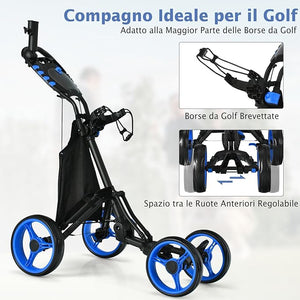 Carrello da Golf a Spinta e a Trazione, Carrello Golf Pieghevole Leggero a 4 Ruote con Borsa Impermeabile, Freno a Pedale, Porta Tazza e Porta Ombrello Regolabile(Blu)