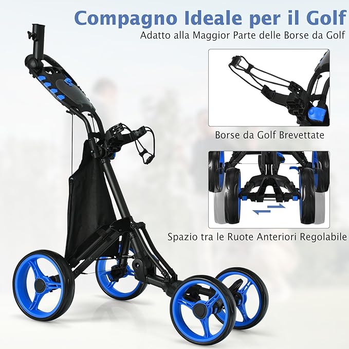 Carrello da Golf a Spinta e a Trazione, Carrello Golf Pieghevole Leggero a 4 Ruote con Borsa Impermeabile, Freno a Pedale, Porta Tazza e Porta Ombrello Regolabile(Blu)