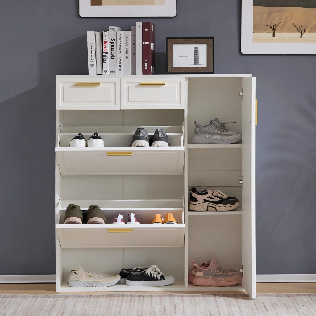 Scarpiera moderna - Zephmum- B95/D24/H107.5- bianco- ripiani regolabili maniglie dorate cassetti