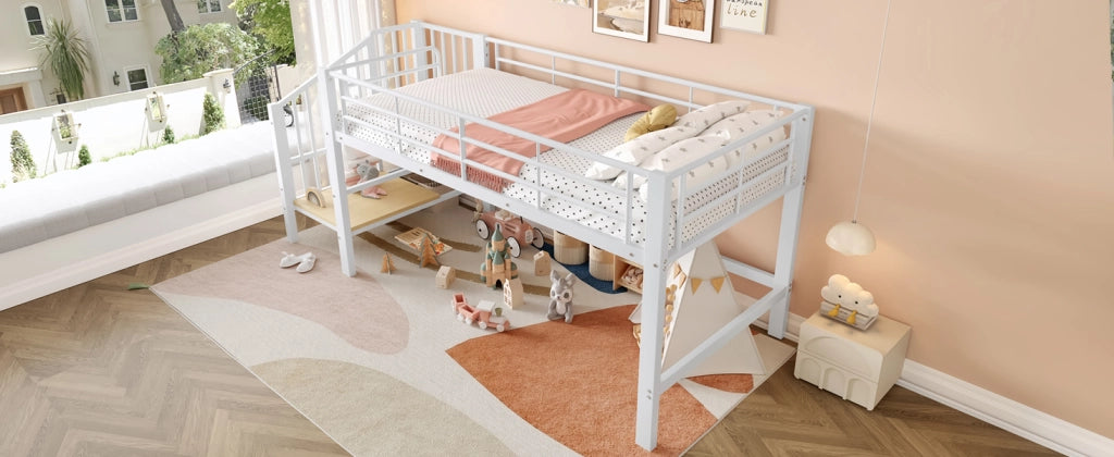 Letto alto semialto bianco con scala portaoggetti in MDF e metallo 90x200 cm