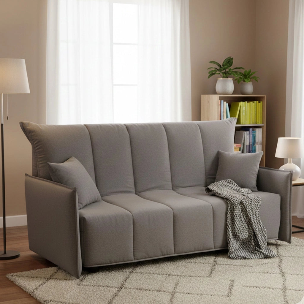 Divano Letto Alaric, Divano a 2 posti, Made in Italy, SofÒ  Soggiorno con apertura a carrello con apertura a carrello, in tessuto imbottito, con Braccioli standard, cm 150x90h85, colore Grigio