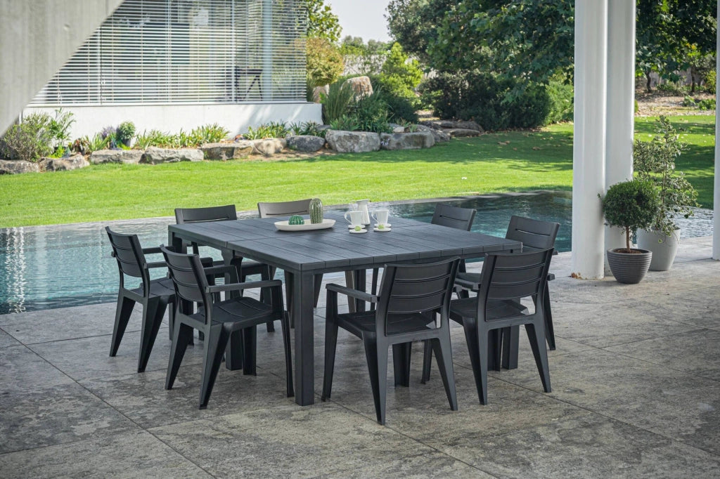 Tavolo da esterno Brossard, Base per picnic, Piano da pranzo da giardino, Banco outdoor multiuso, 294x90 h75 cm, Antracite