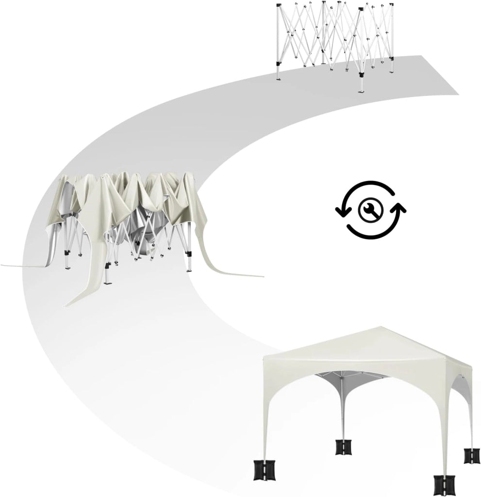 Gazebo da Giardino Richiudibile 3x3m Gazebo da Esterno in Ferro Regolabile in Altezza Tendone con Soffitto Semicircolare Pieghevole Protezione Solare,Set di 4 Sacchi di Sabbia,Beige