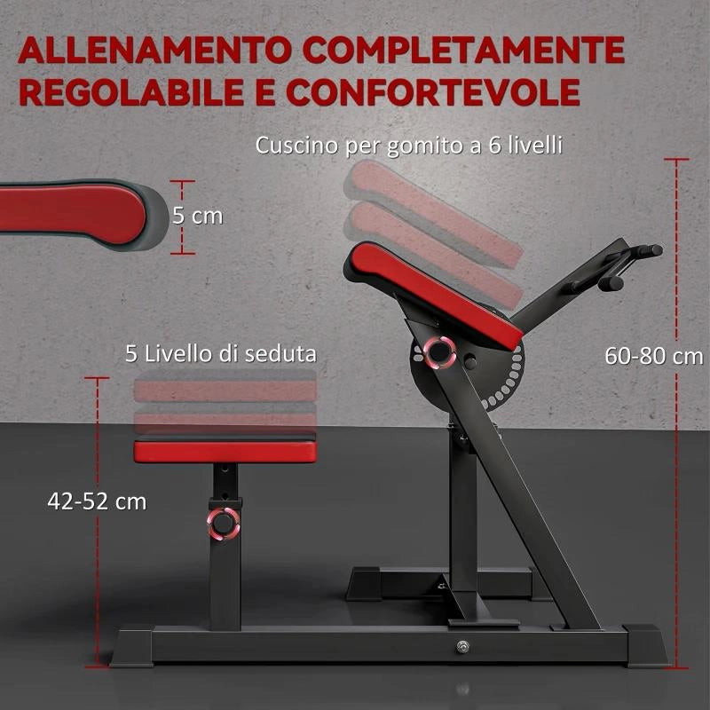 PANCA PER CURL BICIPITI CON SEDUTA E APPOGGIO PER GOMITI REGOLABILI, SUPPORTO PER PESI, NERO