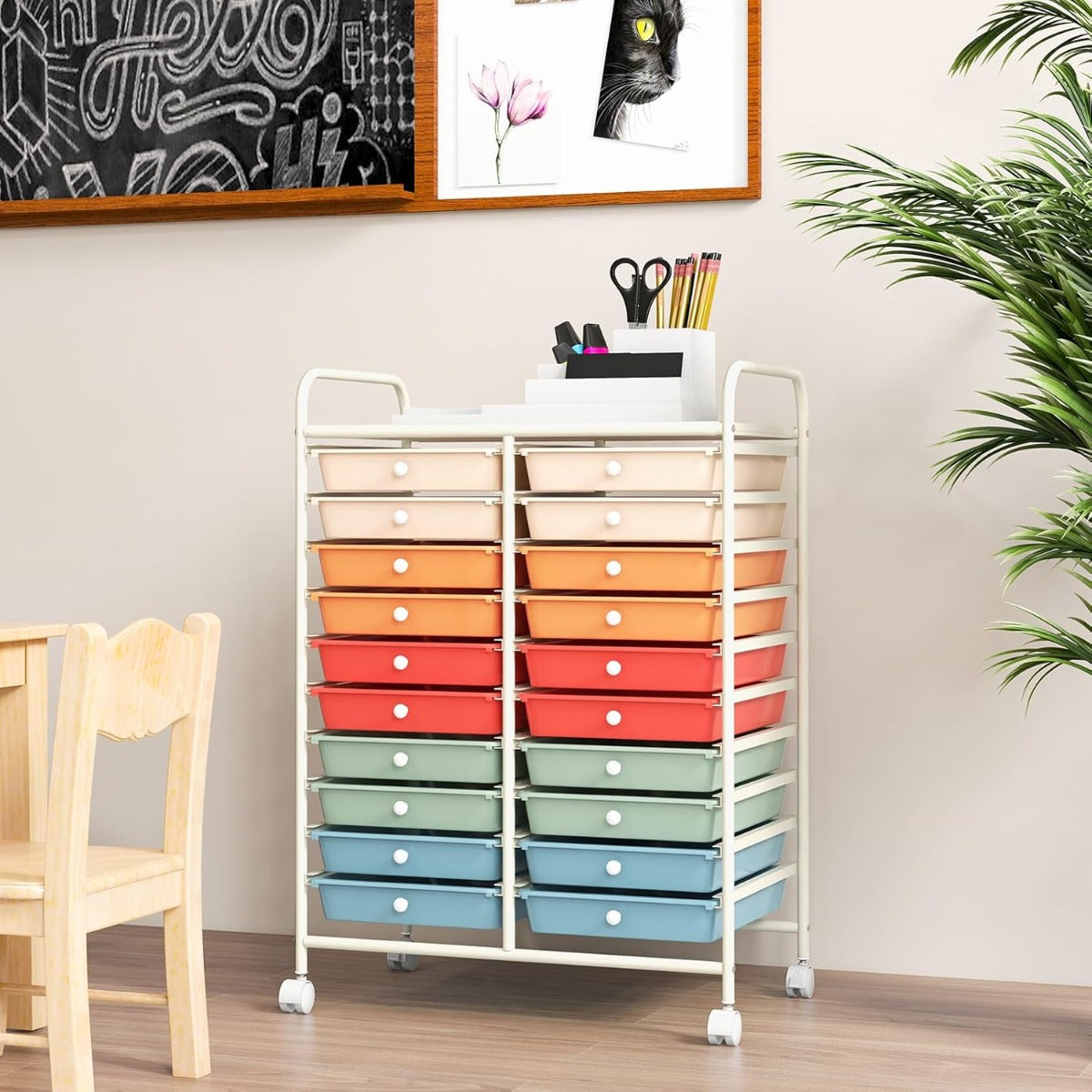 Carrello cassettiera multiuso e leggero con 20 cassetti-Scaffale Contenitore con ruote per ufficio e casa Colorato 1
