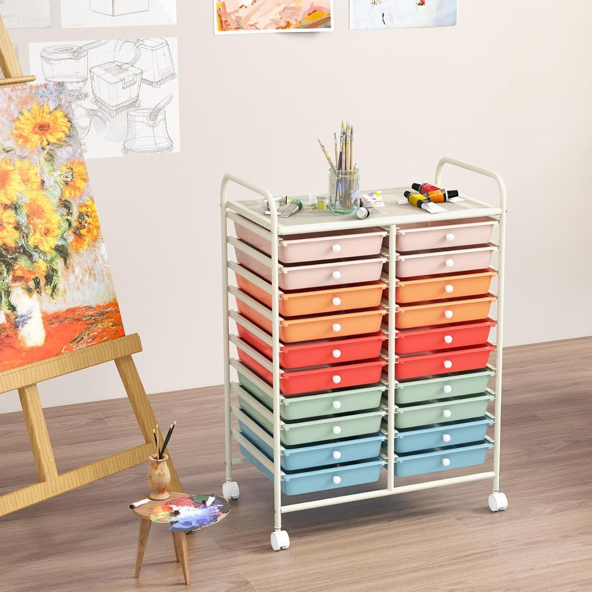 Carrello cassettiera multiuso e leggero con 20 cassetti-Scaffale Contenitore con ruote per ufficio e casa Colorato 1