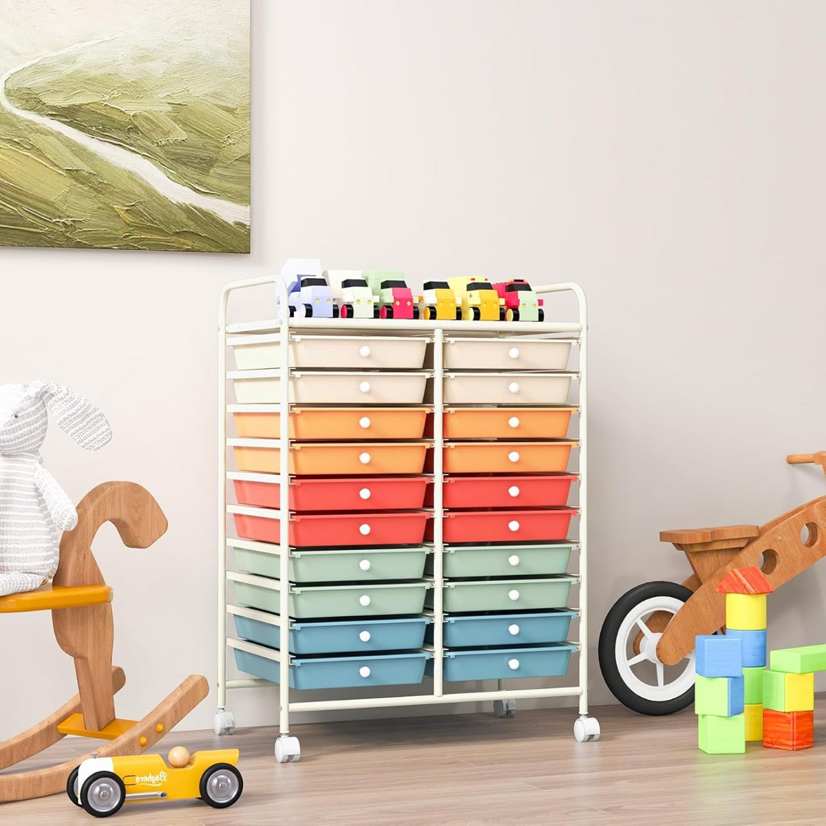 Carrello cassettiera multiuso e leggero con 20 cassetti-Scaffale Contenitore con ruote per ufficio e casa Colorato 1