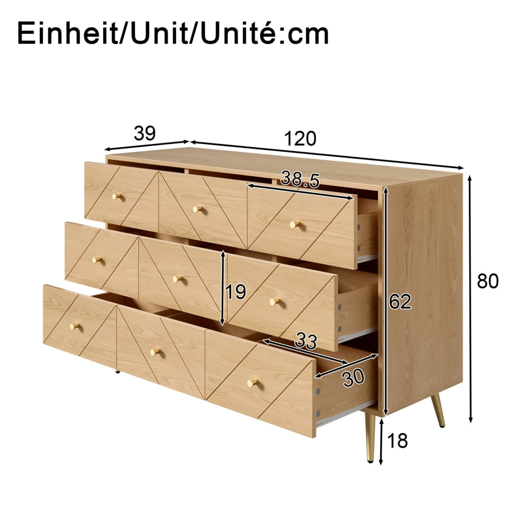Cassettiera 120x39x80 cm; 9 cassetti con gambe in ferro; pannello truciolare; naturale