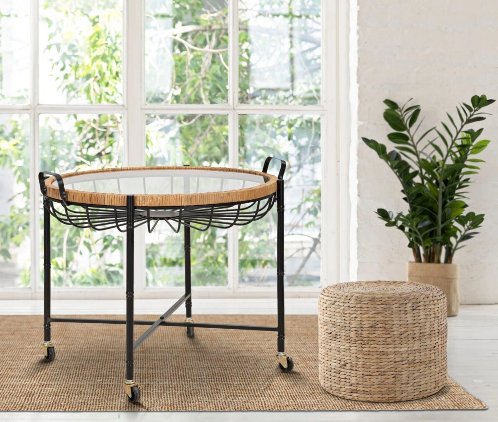 Tavolino Basso 70,5x65x57 cm con Ruote in Metallo Piano in Vetro