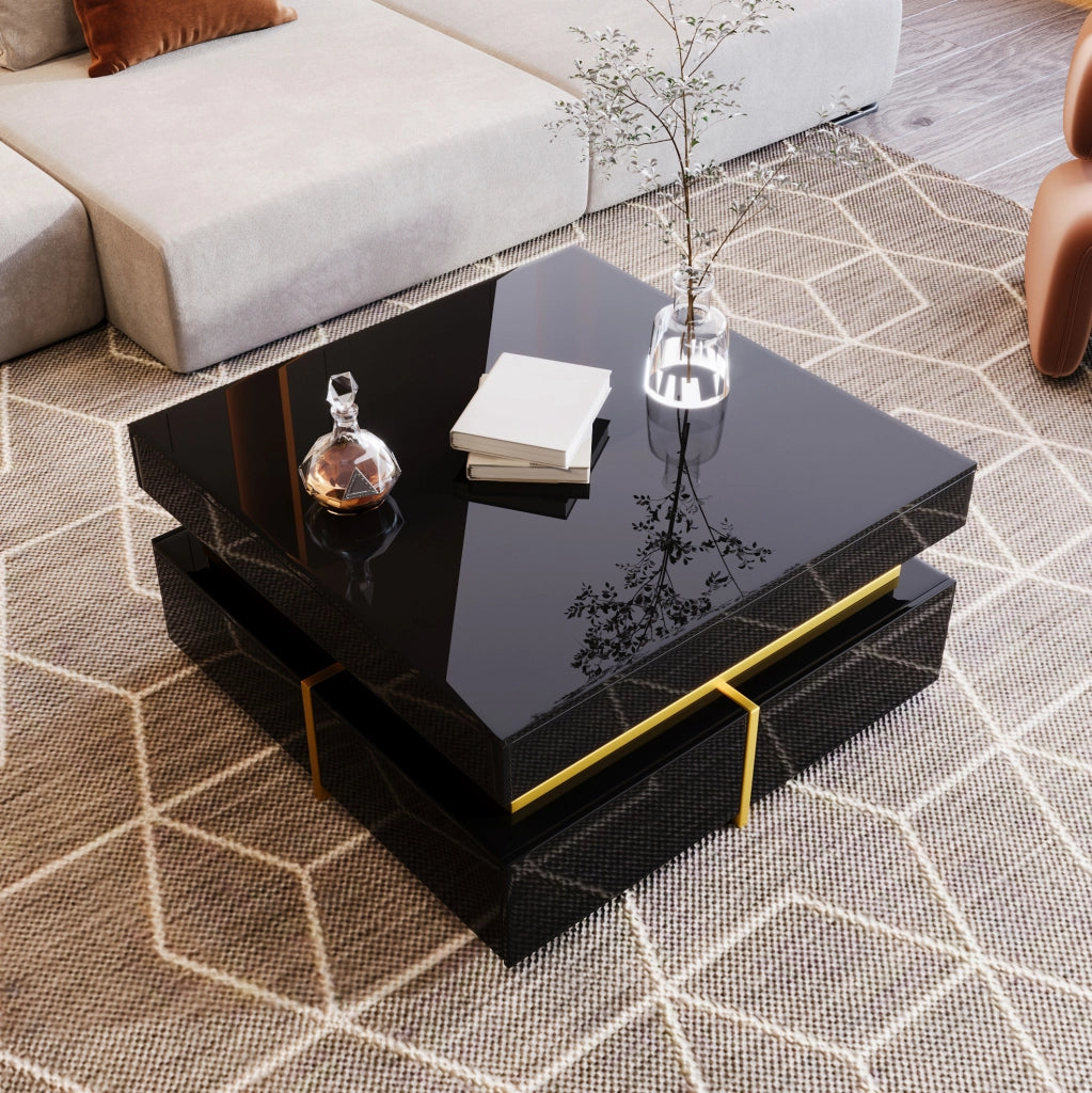 Tavolino da caffè nero lucido 70x70 cm con 2 cassetti