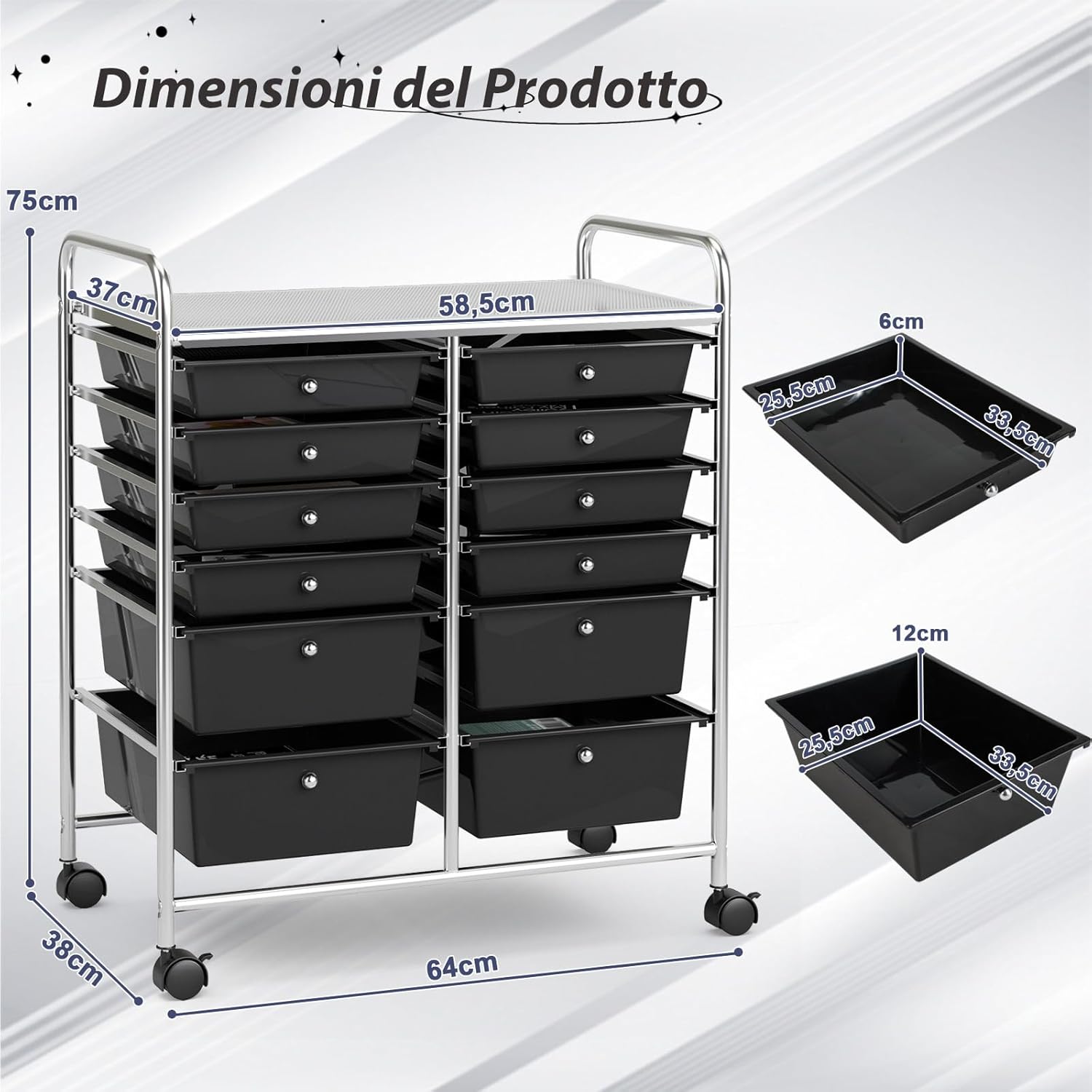 Carrello con 12 Cassetti con Ruote, Ideale per Ufficio e Domestico, 73,5 x 37 x 63 cm (Nero)