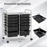 Carrello con 12 Cassetti con Ruote, Ideale per Ufficio e Domestico, 73,5 x 37 x 63 cm (Nero)