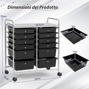 Carrello con 12 Cassetti con Ruote, Ideale per Ufficio e Domestico, 73,5 x 37 x 63 cm (Nero)