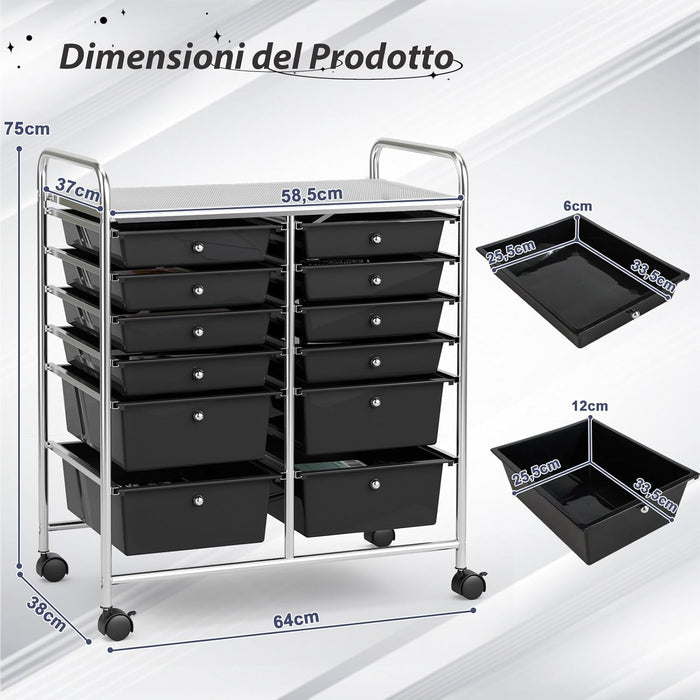 Carrello con 12 Cassetti con Ruote, Ideale per Ufficio e Domestico, 73,5 x 37 x 63 cm (Nero)